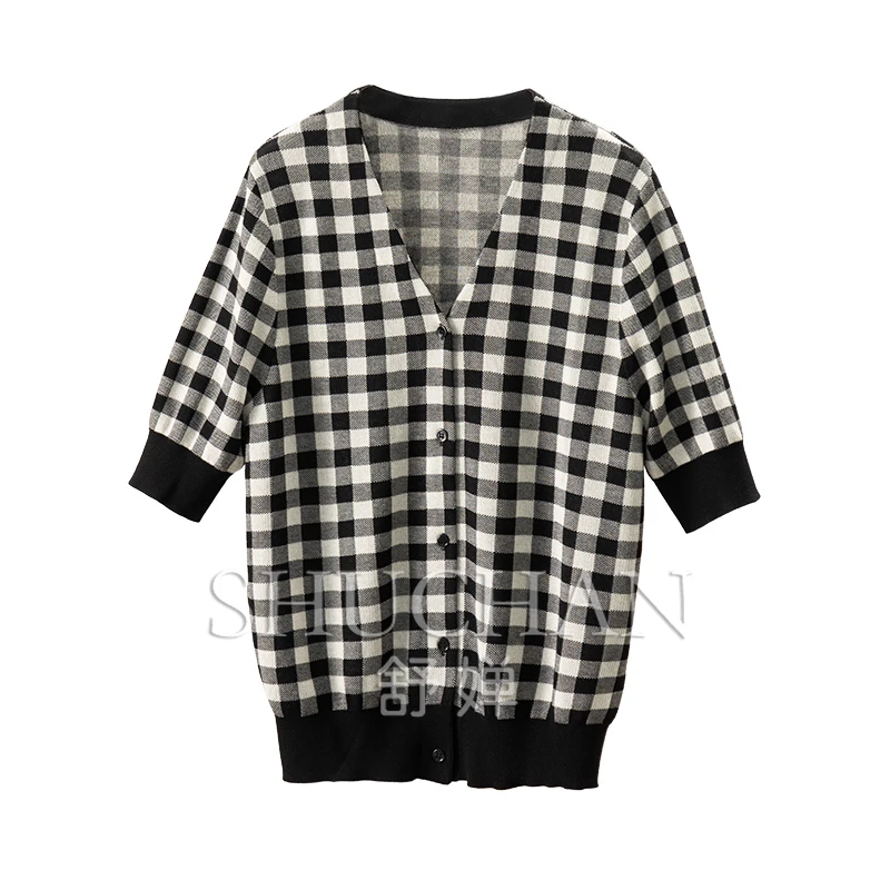 

Black and White Grid, French Early Autumn Tencel Silk V-Neck Knitted Cardigan Women's 2Y19 Sueter Mujer Invierno