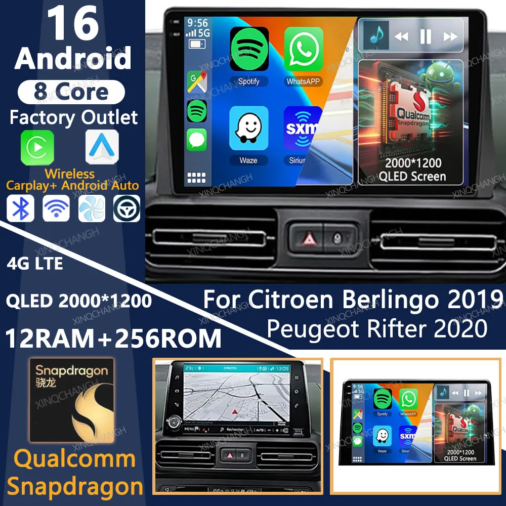 Radio para coche Android 16 para Citroen Berlingo 2019, Peugeot Partner, Peugeot Rifter 2020, Opel Combo, reproductor multimedia de video con Bluetooth.