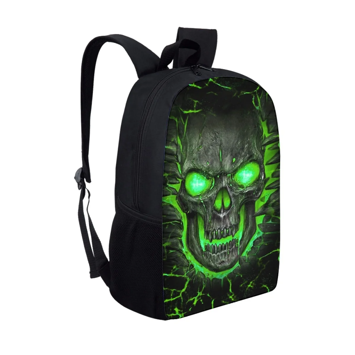 กระเป๋าเป้สะพายหลังกะโหลกศีรษะสีเขียวพิมพ์ลาย3D กระเป๋านักเรียนการ์ตูนลำลองผ้าโพลีเอสเตอร์ลดภาระนักเรียนทรงกระเป๋านักเรียนมีที่จับสบาย