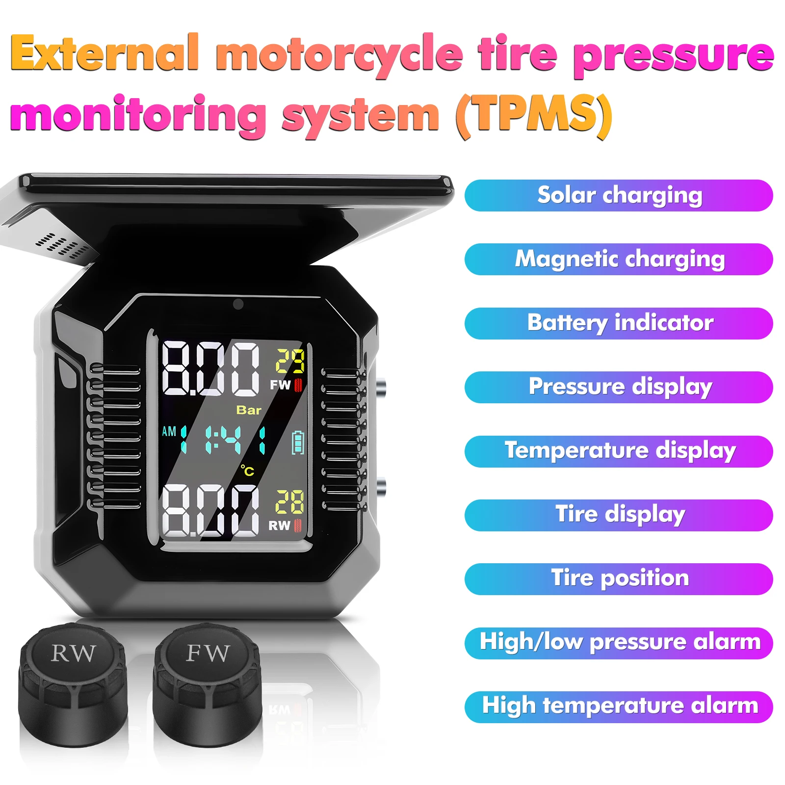 

Solar TPMS Motorcycle Tire Pressure Monitoring System External TPMS Sensors Tyre LCD Display Meter Temperature Warning For Moto