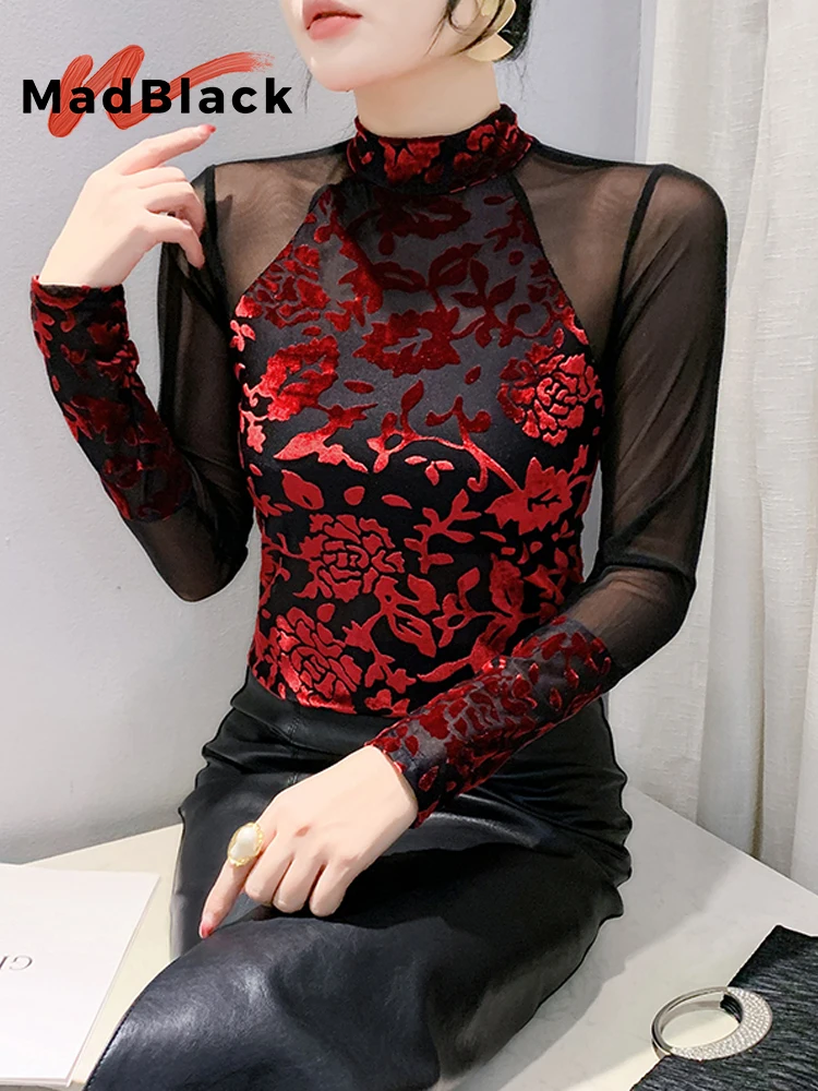 

MadBlack, футболка с европейской одеждой, сексуальные женские топы с воротником-стойкой и цветочным принтом, винтажная тонкая сетчатая футболка с длинными рукавами, осень-зима T40818CC