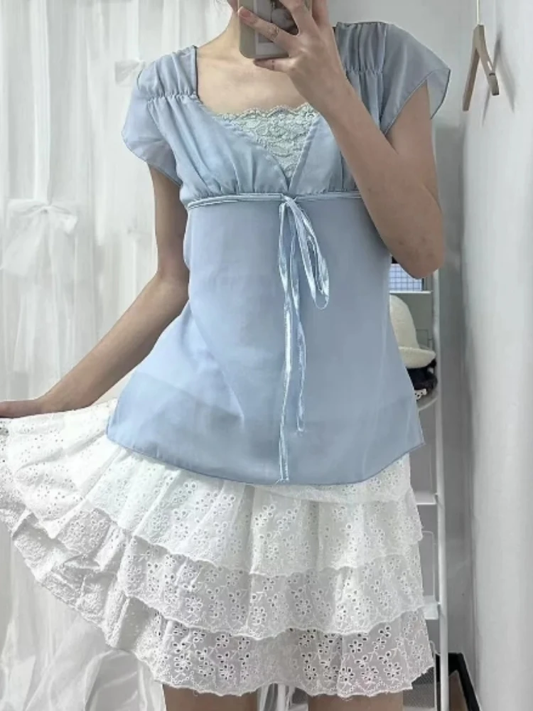 Conjunto de 2 piezas liso Vintage japonés para mujer, Tops falsos de dos piezas + Mini falda con forma de pastel, trajes de verano Retro ajustados de Hada Kawaii JK