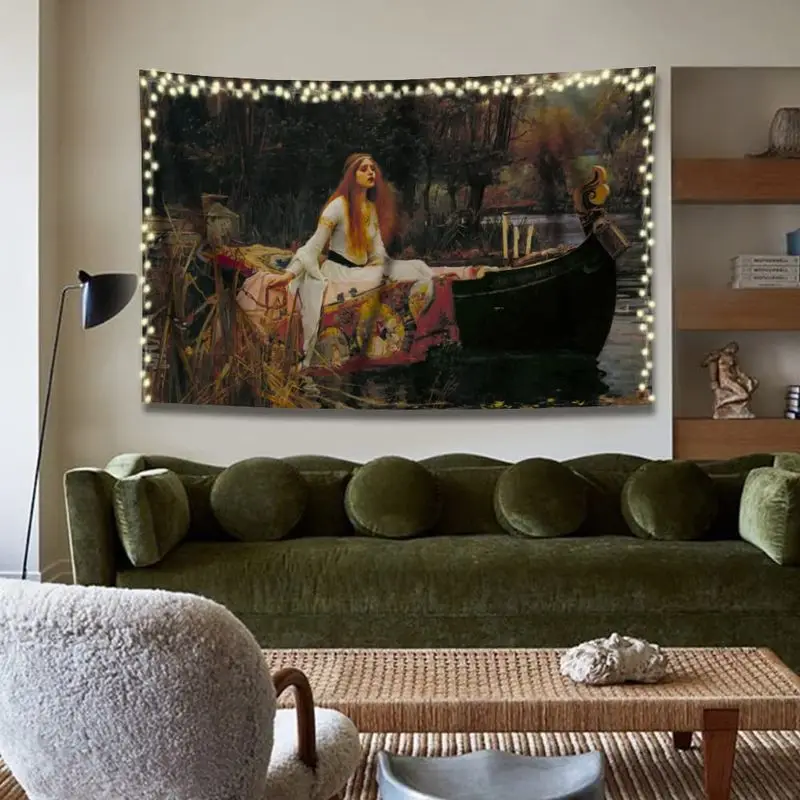 VIKAMA Romantic Classic Oil Painting Wall Hanging, Red Hair Woman on Boat Tapestry with Lights for Living Room Aesthetic