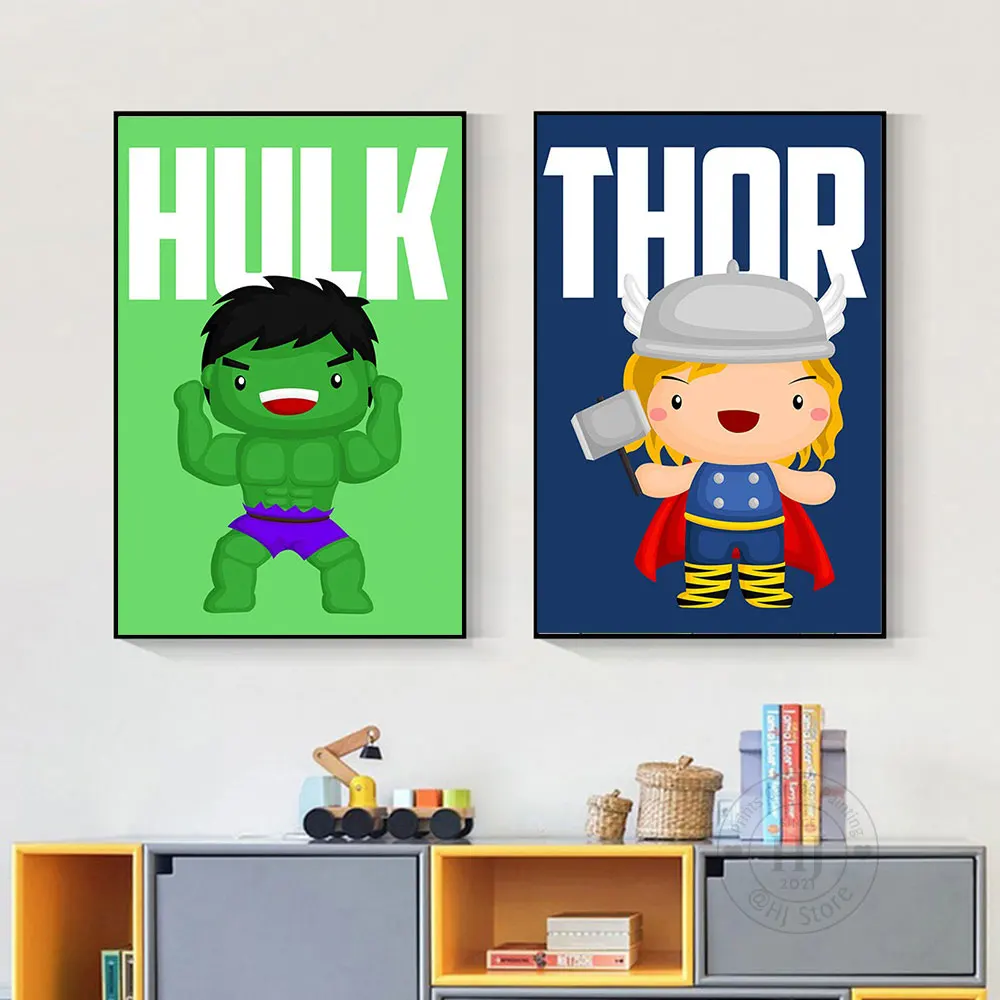 Disney Marvel Cute Cartoon Art Canvas Painting Spiderman Thor Posters And Prints Hulk Picture For Baby Nursery Room Decor Gift