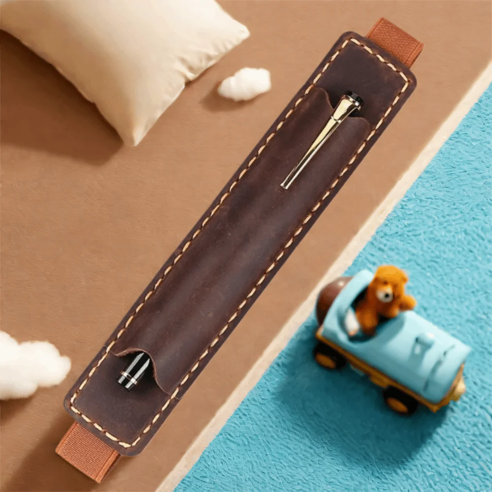 

Top Leather Leather Pencil Bag Crazy Horse Leather Elastic Band Pen Case Holder Premium Protective Cover Retro Pen Case