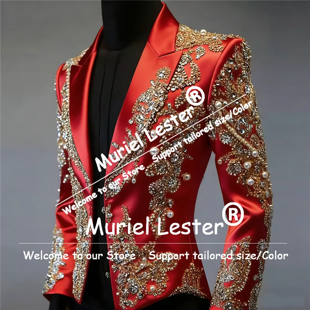 Sparkly Beaded Pearls Men Suit Jackets 1 Piece Notched Lapel Prom Blazers Customized Banquet Man Wedding Tuxedos Slim Fit Outfit