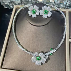 Delicate Noble Flower Lab Emerald Zirconia Jewelry Sets for Ladies 925 Silver Color Gorgeous Bridal Banquet Necklace Earrings