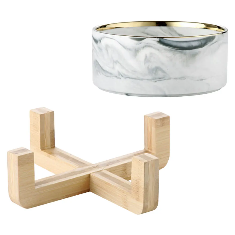 

1Set Marbled Cat Bowl Food Grade Ceramic Pet Bowl with Wooden Stand Elevated Dog Feeder for Small Breeds Comfortable Dining