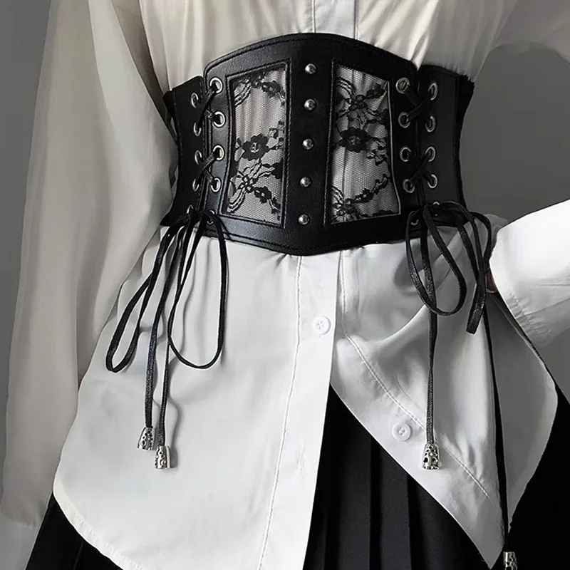 Plus Size Elastic Lace Corset Belts for Women Wide Stretch Cummerbunds Female Goth Punk Dress Corset Belt Big White Waistband