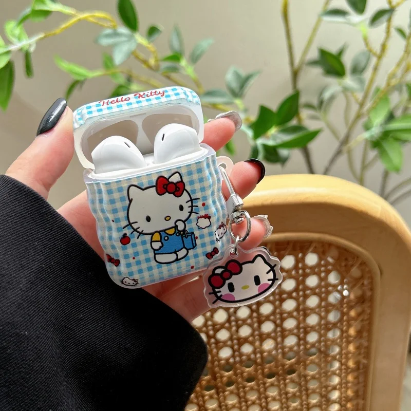 Cute Cartoon Small Fresh Blue Grid Hello Kitty Headphone Case For AirPods 4 2 3 1 Pro 2 3 Wireless Bluetooth Headphone Case