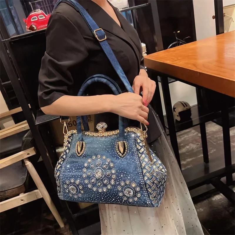 Large Capacity Bag Handheld 2023 New Fashion Commuter Denim Inlaid Diamond Bag Versatile One Shoulder Crossbody Women\'s Bag