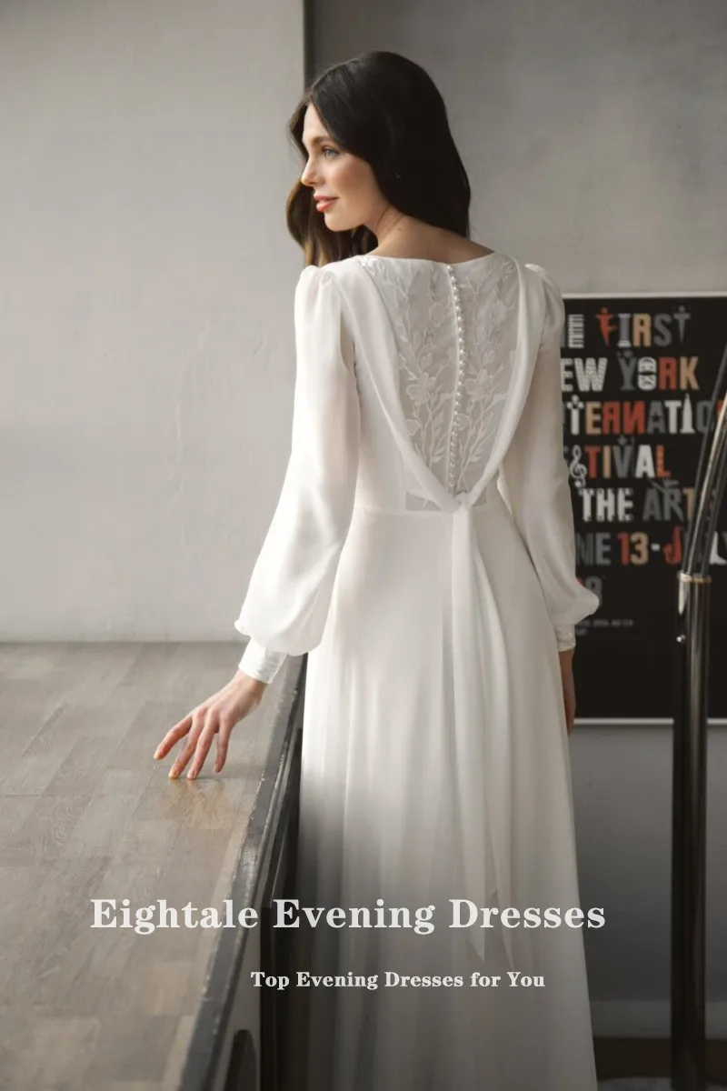 Eightale Arabic Wedding Dress Scoop Customized Ivory Satin Long Sleeves Muslim Bridal Gown Appliques A-Line Bride Party Dress
