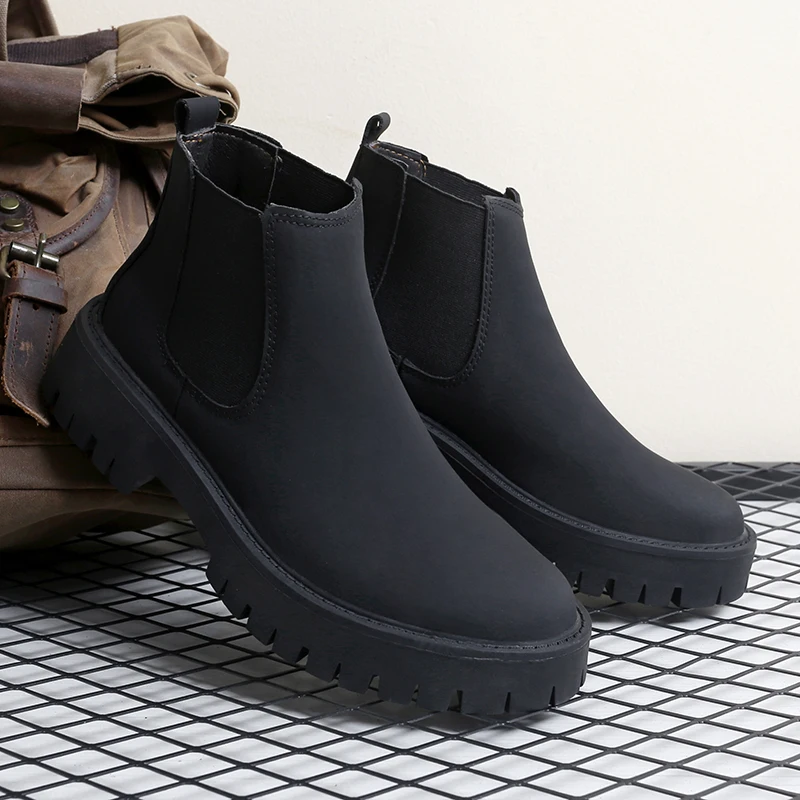 

Men Winter Chelsea Boots Height Increasing Non Slip Plush Warm Frosted Simple Casual Motorcycle Boots