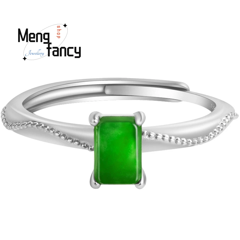 แหวนเงินแท้ S925 หยกธรรมชาติ เกรด A สีเขียวสดใส ทรงลูกบาศก์เล็ก แหวนหยกทรงน้ำแข็ง แหวนแฟชั่นสำหรับผู้หญิง