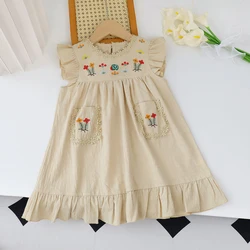 Baby Girls Summer Flower Embroidered Dress Summer Retro Flying Sleeve Dresses with Pockets Children Casual Clothes Fashion