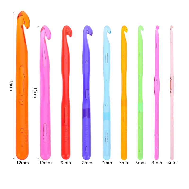 9Pcs/Set Multi-Coloured Crystal Clear Plastic Crochet Hooks, Ergonomic Resin Crochet Hook - Crochet Enthusiast 3mm - 12mm