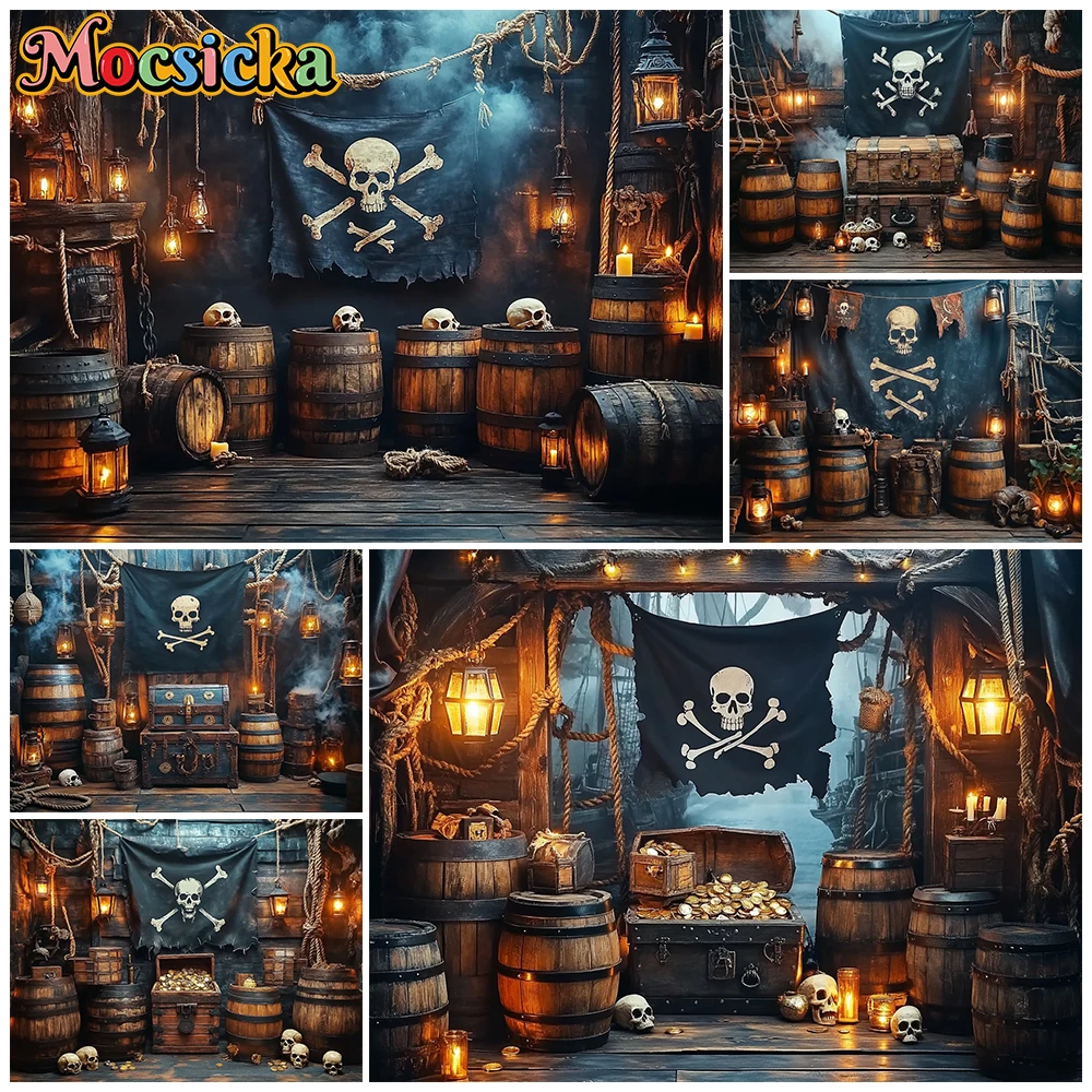 Mocsicka Pirate Ship Photo Background Birthday Photography Backdrop Skull Flag Barrel Decorations Kids Portrait Studio Wallpaper
