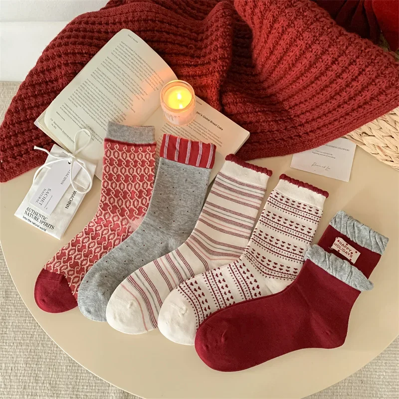 

5 pairs of women's red autumn winter sweat absorbing anti slip mid tube socks simple comfortable versatile casual socks