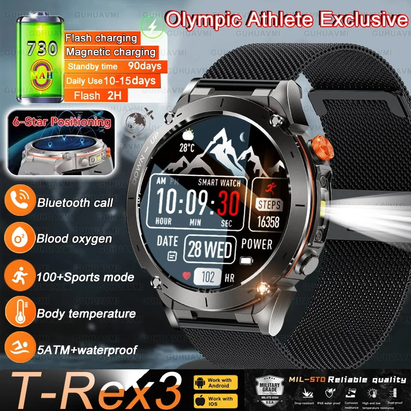 

GPS Military Smart Watch Men 730mAh Battery Outdoors LED Flashlight 5ATM Waterproof Sport BT Call Heart Rate AMOLED Smart Watch