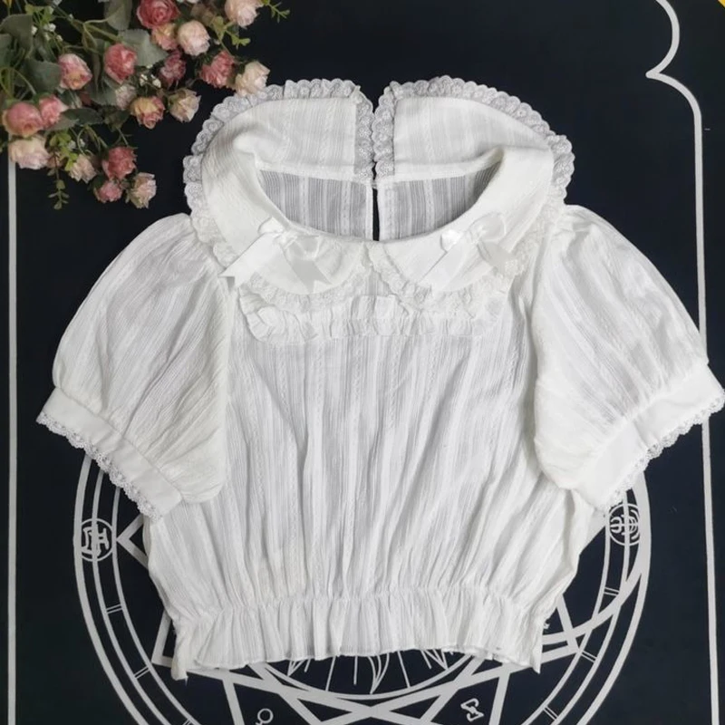 Japanese Gothic Lolita JK Shirts Women Vintage Bow Peter Pan Neck Bottoming Blouse Female Kawaii Puff Short Sleeve Blusas Mujer