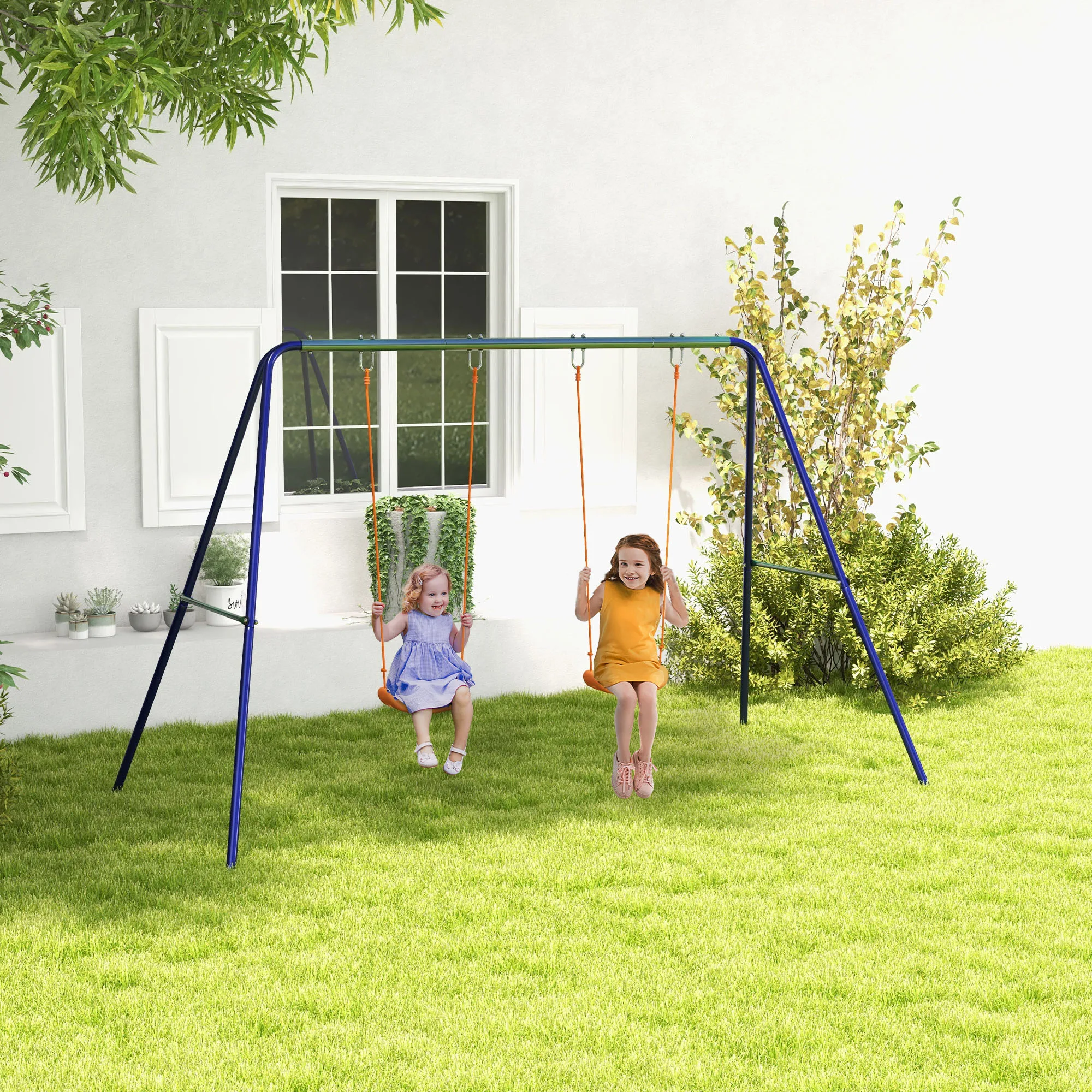 Outsunny children's swing with 2 Chairs and Multicolor Metal support