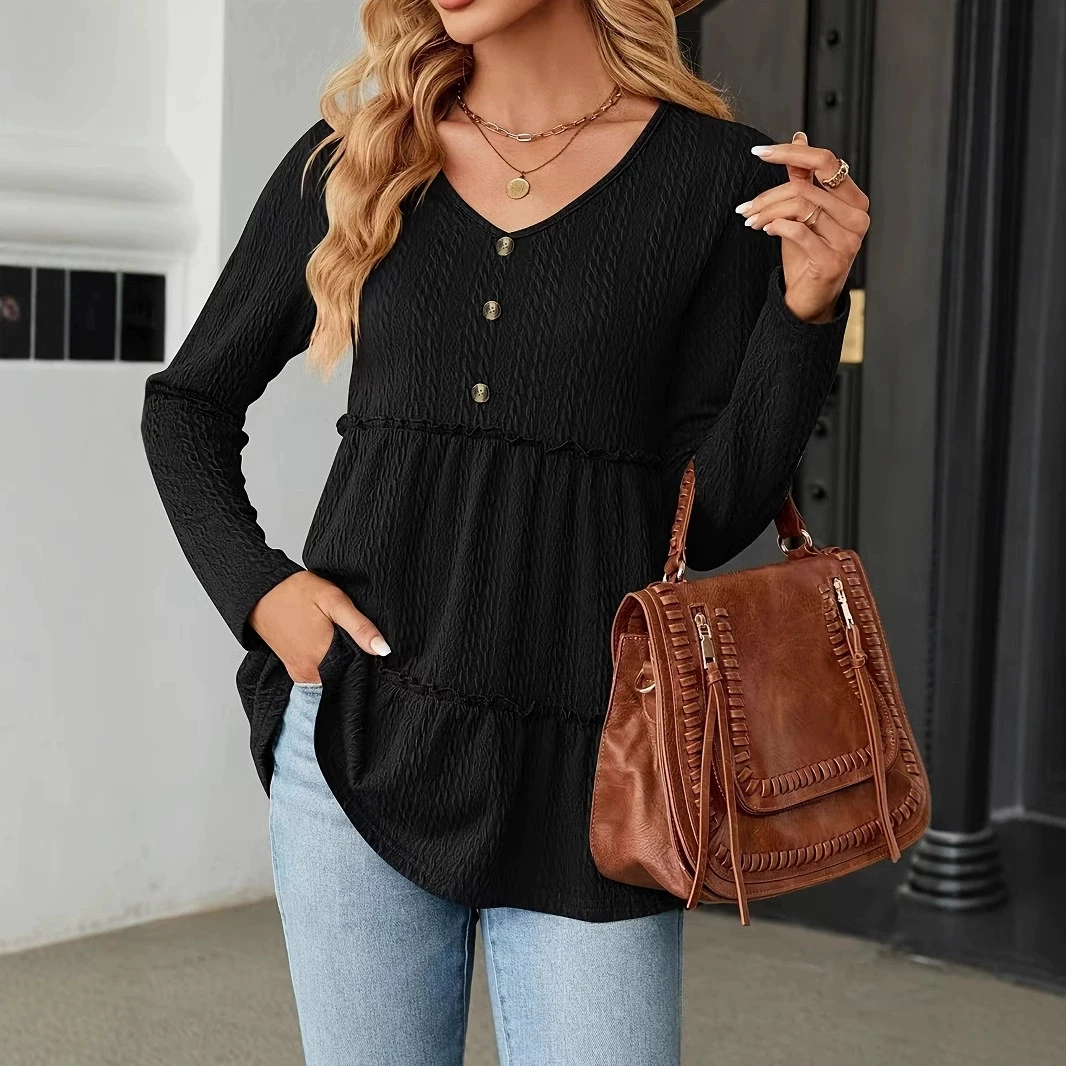 Solid color V-neck button-joined loose long-sleeve T-shirt
