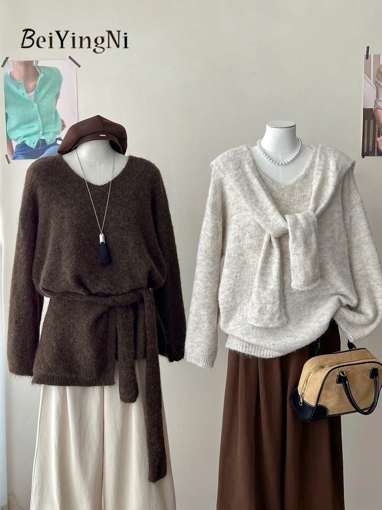 

Beiyingni Lazy Style Loose Sweater Women French Plain Vintage Leisure Kpop V-neck Knitted Jumper + Shawl Female Brown Pullovers