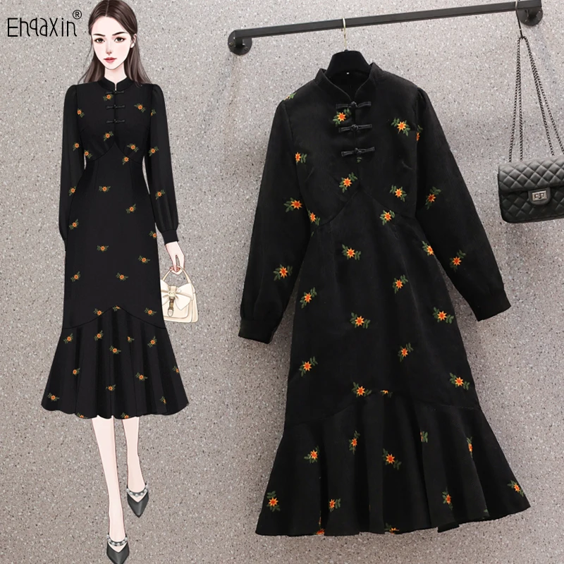 

EHQAXIN 2023 Spring New Women's Dress Elegant Embroidery Corduroy Vintage Loose Ruffle Fishtail Dresses For Ladies M-4XL