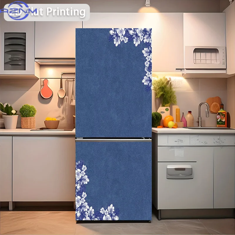 1pc 2D Printed Refrigerator Sticker, , Diagonal Blue and White Floral, Self-Adhesive Wall Decal/Wallpaper, Suitable for Cabine