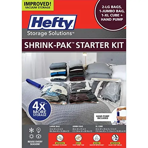

Набор для вакуумной упаковки Hefty Shrink-Pak - 2 больших, 1 XL и 1 Jumbo пакета для хранения, а также ручной насос – Вакуумные пакеты для экономии места при хранении одежды