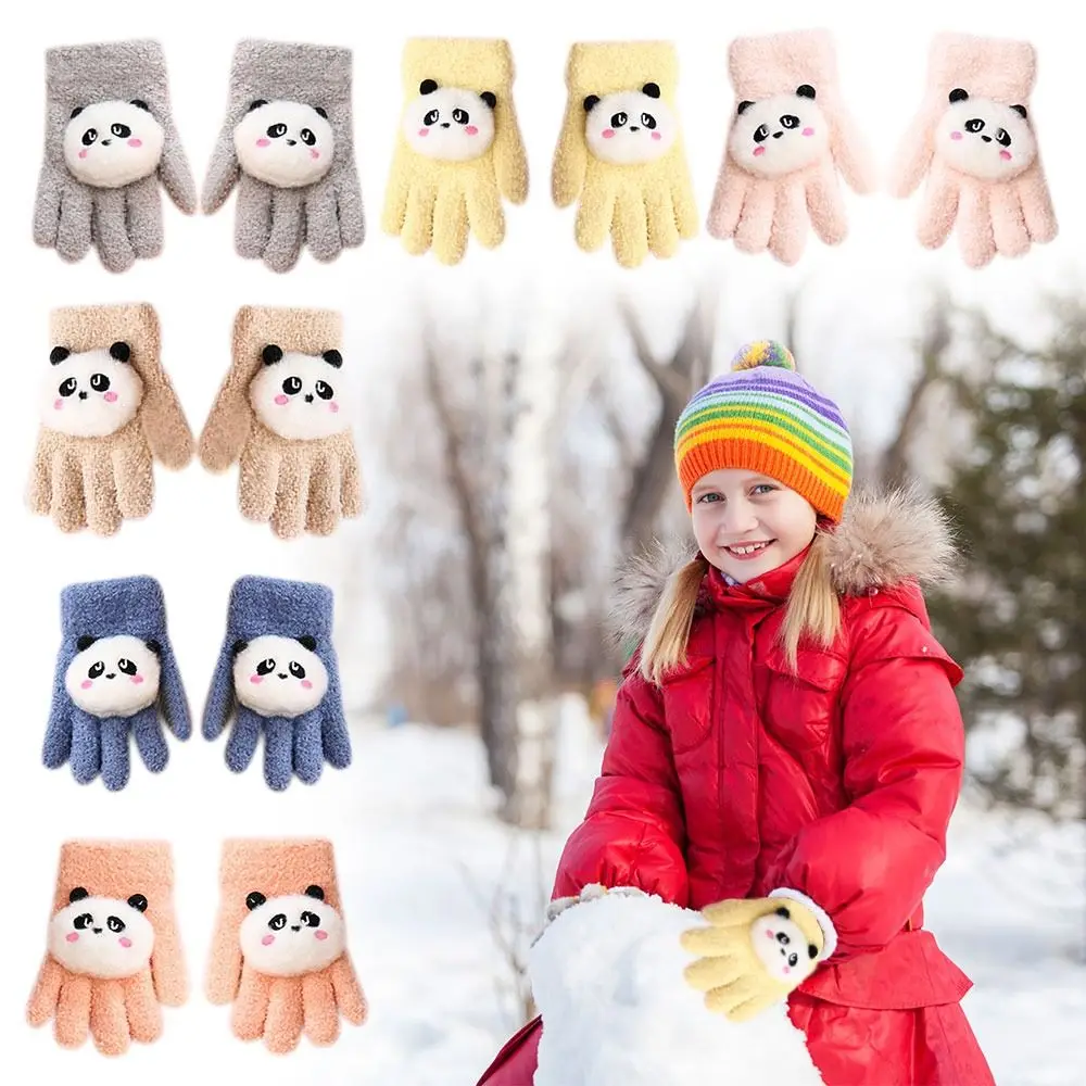 Cold Proof Autumn Winter Kids Gloves Cartoon Panda Thickened Half Finger Flap Gloves Riding Skiing Gloves Windproof Hand Warmer