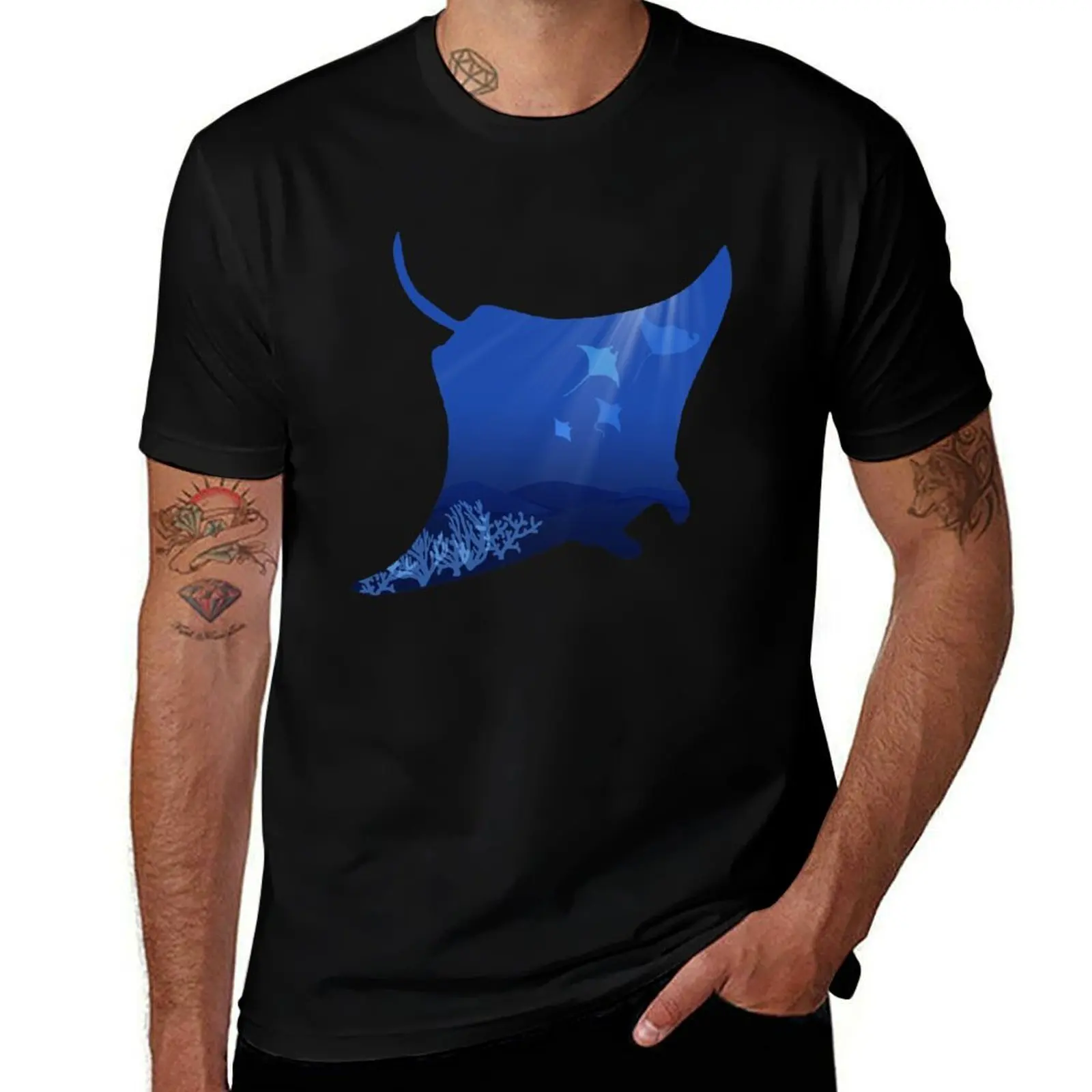 Manta Ray Silhouette With Coral Reef T-Shirt Big and Tall Casual T-Shirt