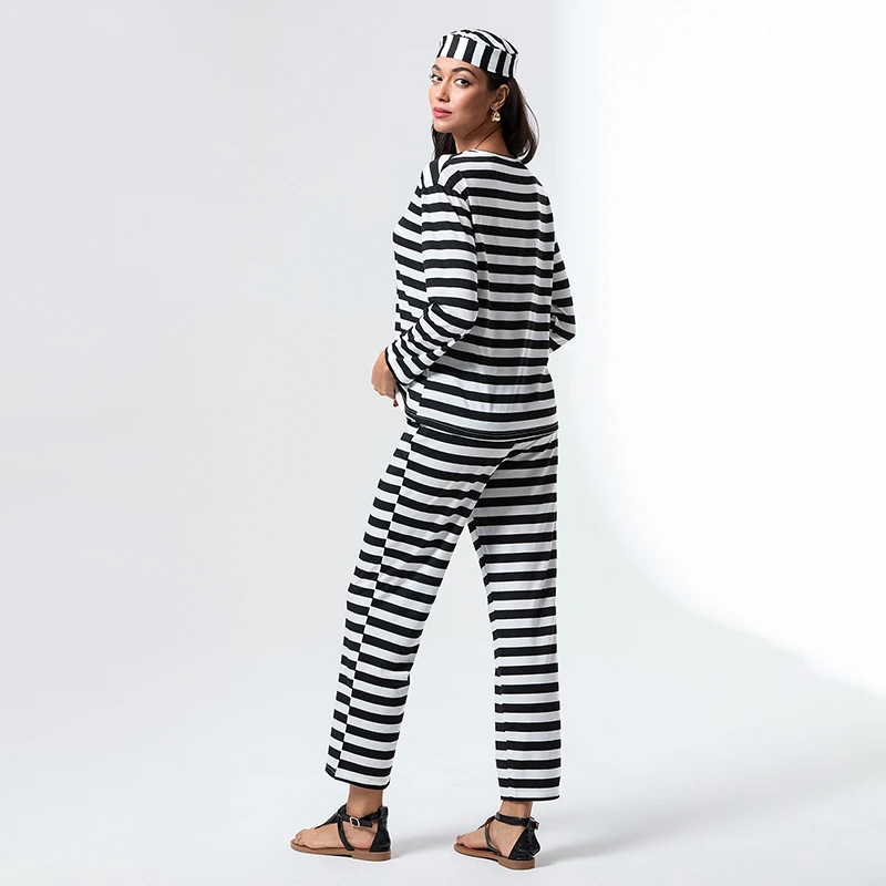 New Women Halloween Prisoner Costume Set Striped Long Sleeve Tops Long Pants Hat Funny Cosplay Clothes Hot Sale S-XL