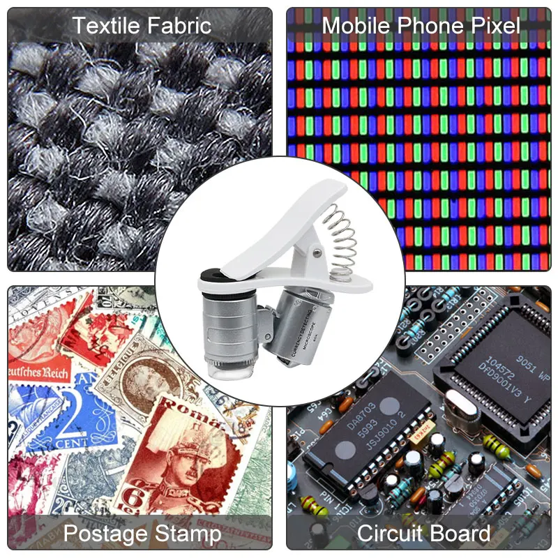 Microscopio LED con detección de moneda para teléfono inteligente, lupa móvil con Clip Universal, luz LED UV, identificación f/gema, 60X