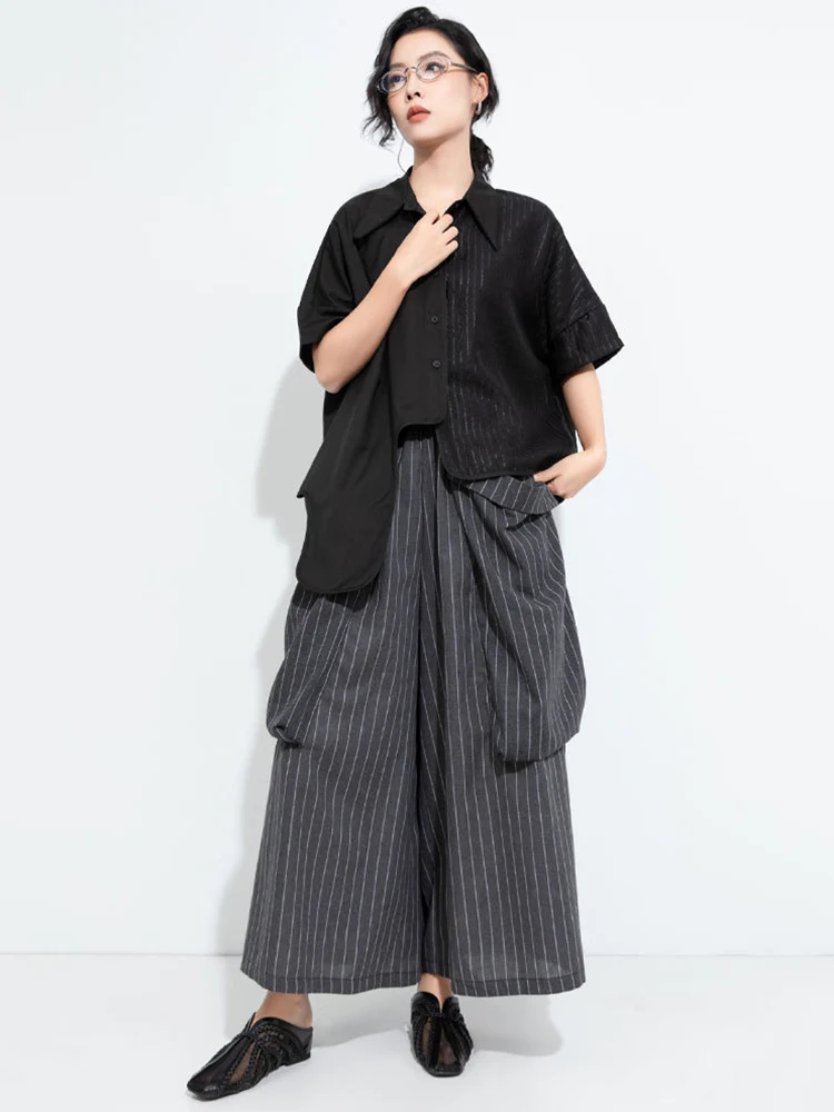 [EAM] High Elastic Waist Gray Striped Big Pocket Wide Leg Pants New Trousers Women Fashion Tide Spring Autumn 2026 1DJ7107