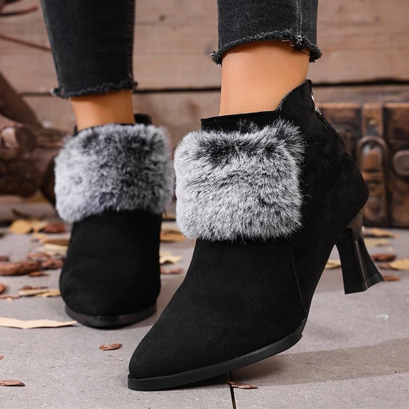 

Классические пушистые ботинки с флисовой подкладкой, женские элегантные ботильоны на тонком высоком каблуке, женские зимние офисные женские ботинки с острым носком