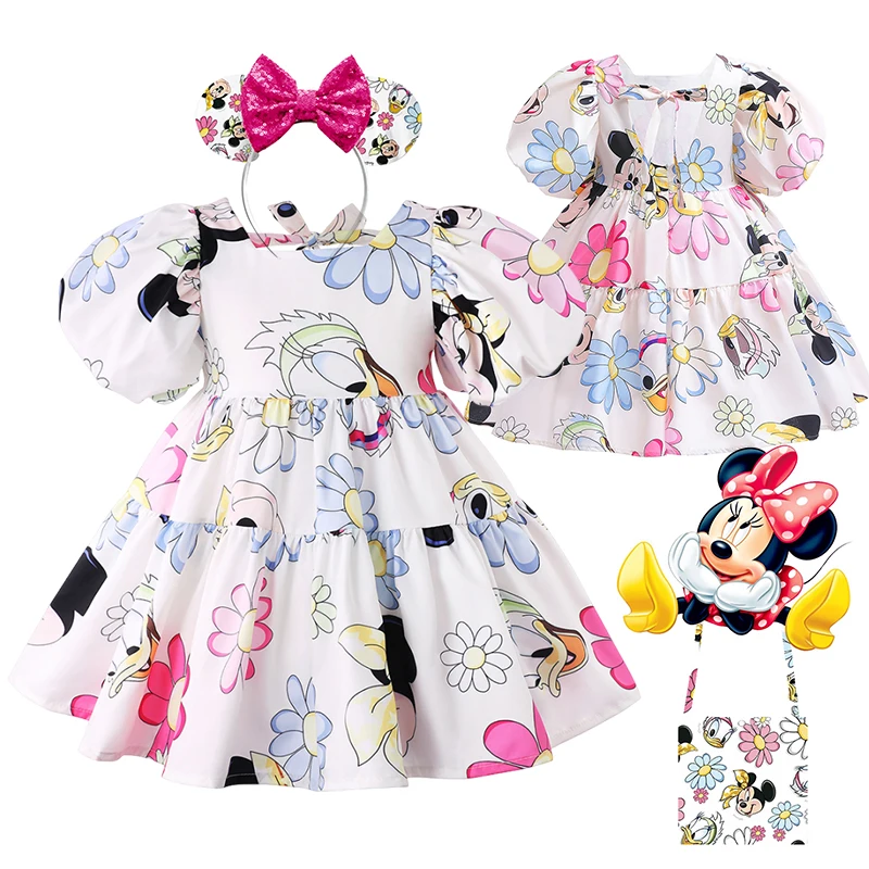 2-8Y Cute Mickey Mouse Donald Duck Cartoon Print Dress for Girls Floral Casual Frock Chic Kid Fashion Loose Summer Vestidos Robe