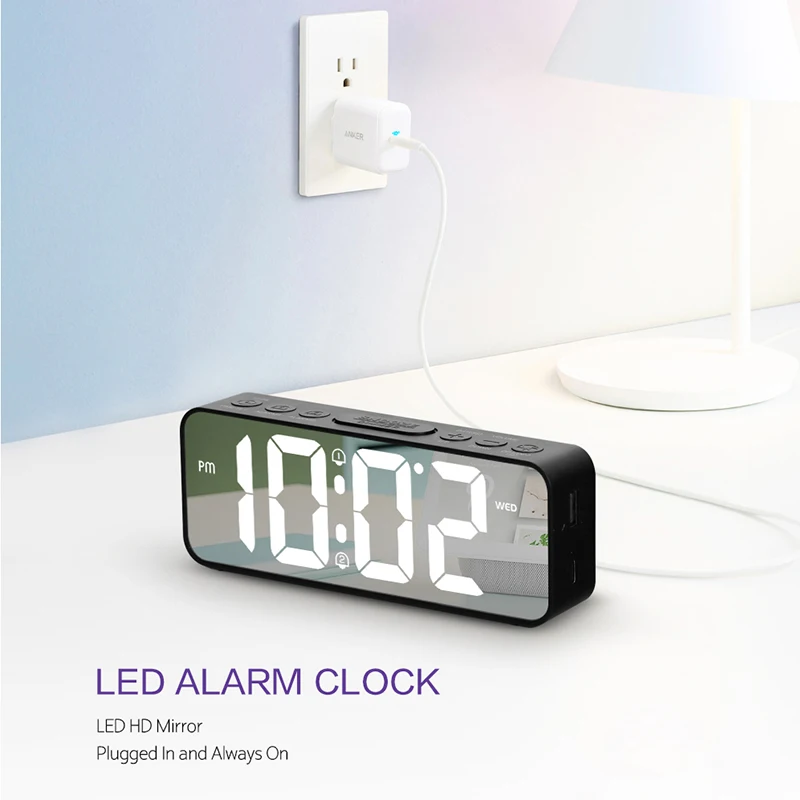 

LED Digital Alarm Clock Temperature Date DST Display Memory Snooze USB Desktop Strip LED Mirror Clocks For BedRoom Decoration