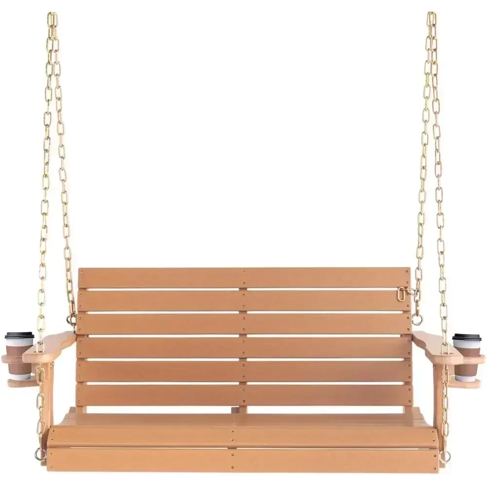 Durable 1600 lbs HDPE Outdoor Porch Swing with Rotating Cup Holder, 4-Seat Patio Bench Swing, Adjustable Chains, 2-Person Hangin