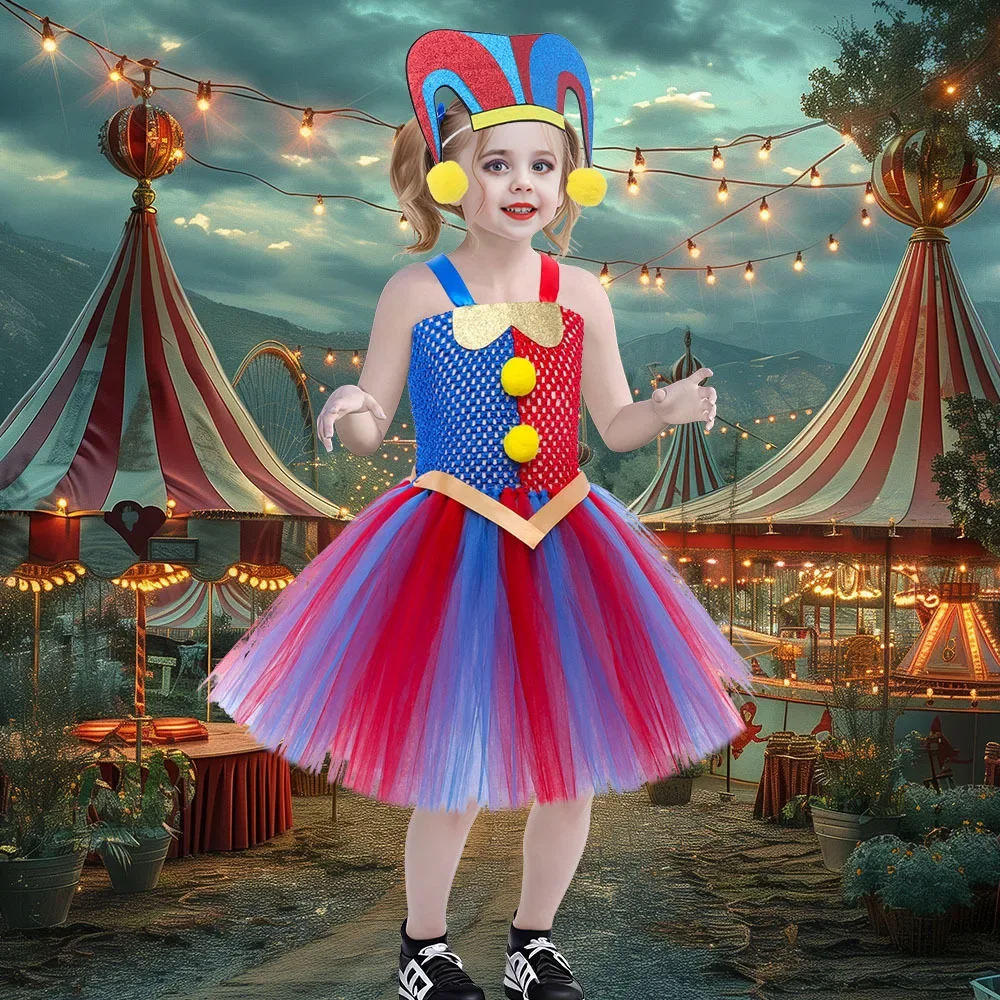 Pomni Costume Kids Tutu Dress Cartoon The Amazing Digital Circus Clown Cosplay Costumes Girls Halloween Carnival Party Clothes