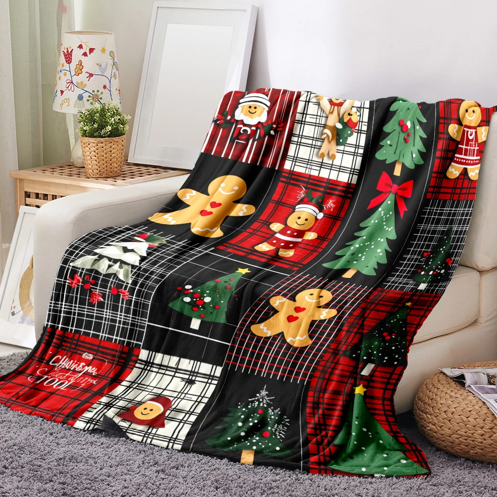 1PC Christmas Gingerbread Man and Christmas Tree Print Blanket-Made of soft and comfortable flannel, perfect for sofas, beds. Id