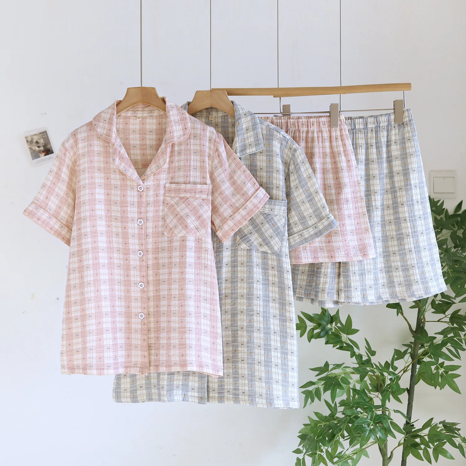 

NEW Cotton Double Gauze Lapel Pocket Homewear Print Short Sleeve Pajama Set Loose Casual Pajamas for Women