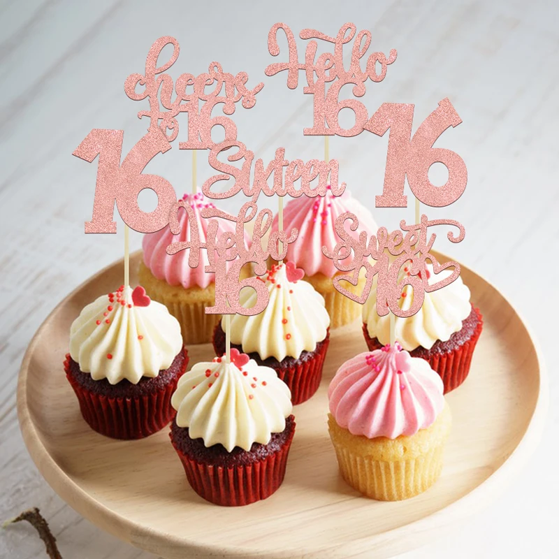 YOMDID 30 Stück 16 Jahre alte glitzernde Geburtstags-Cupcakes, verzierte Cupcakes, ausgewählte 16 Kuchen dekorierte Cupcake-Topper, Partyzubehör