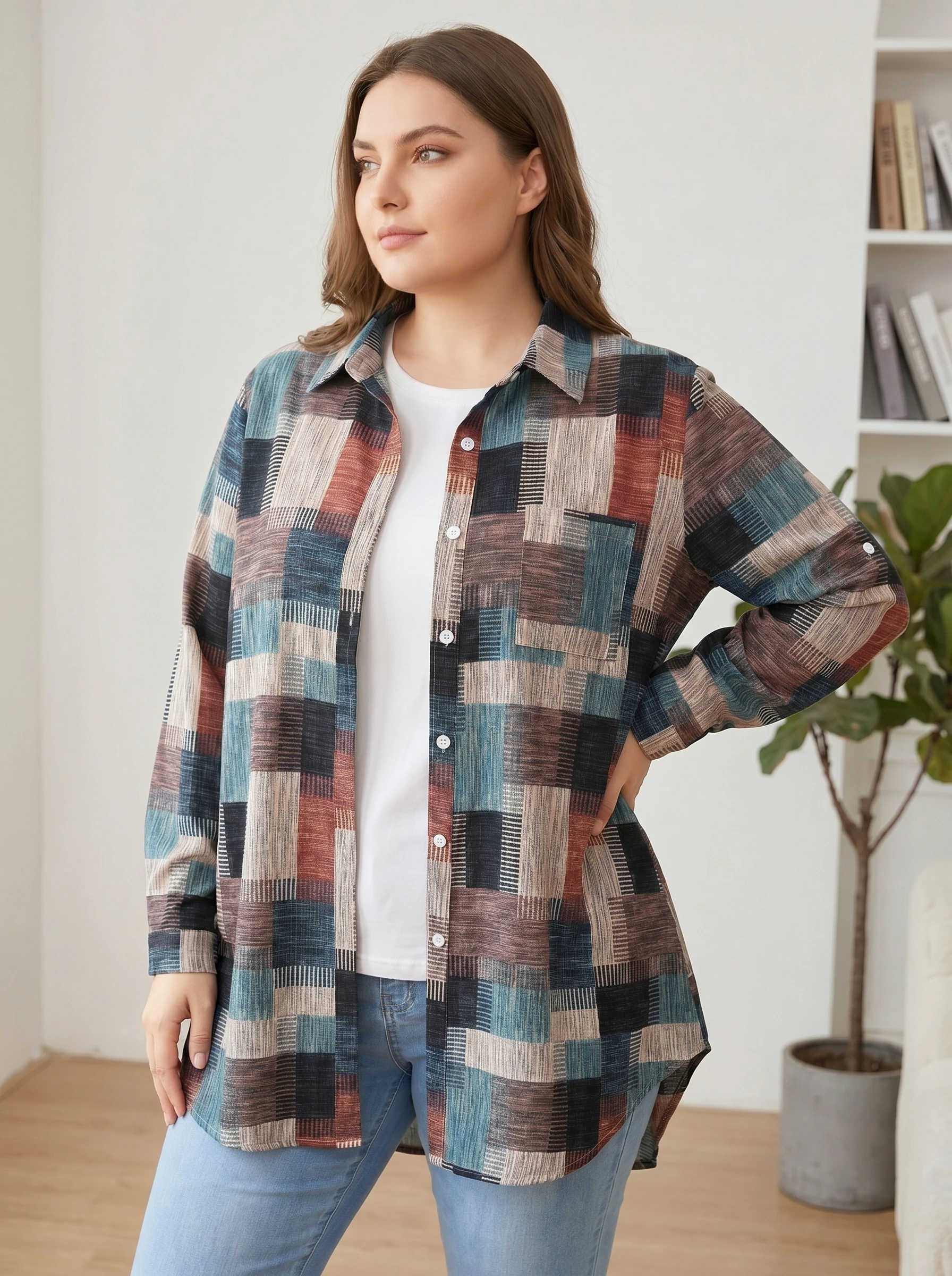 Gadinus Plus Size Women's Plaid Shirt Long Sleeve Button Down Collared Blouse Loose Fit Tunic Top with Chest Pocket 3