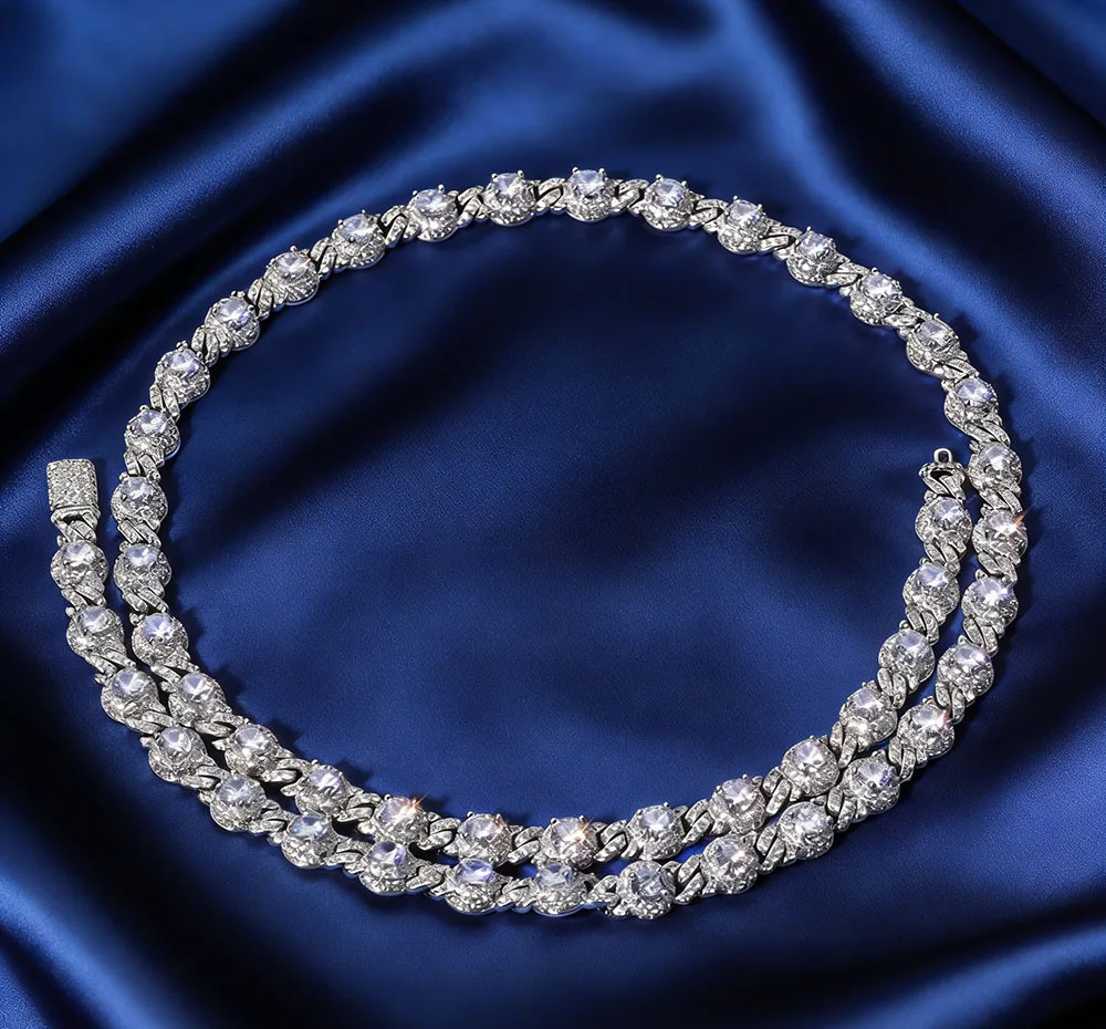 HHIOK Luxury 7.5mm Iced Round Bead Zircon Cuban Chain 5A Cubic Zirconia Exquisite Men's and Women's Hip Hop Jewelry Necklace