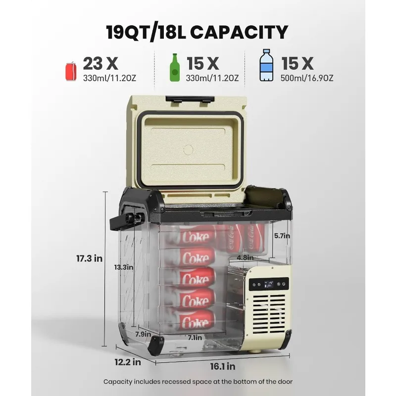 D18 12 Volt Car Refrigerator, Portable Freezer 19Qt/18L Battery & Solar Powered Cooler 25W, -4~50℉, 12/24V DC, 110~240V AC,
