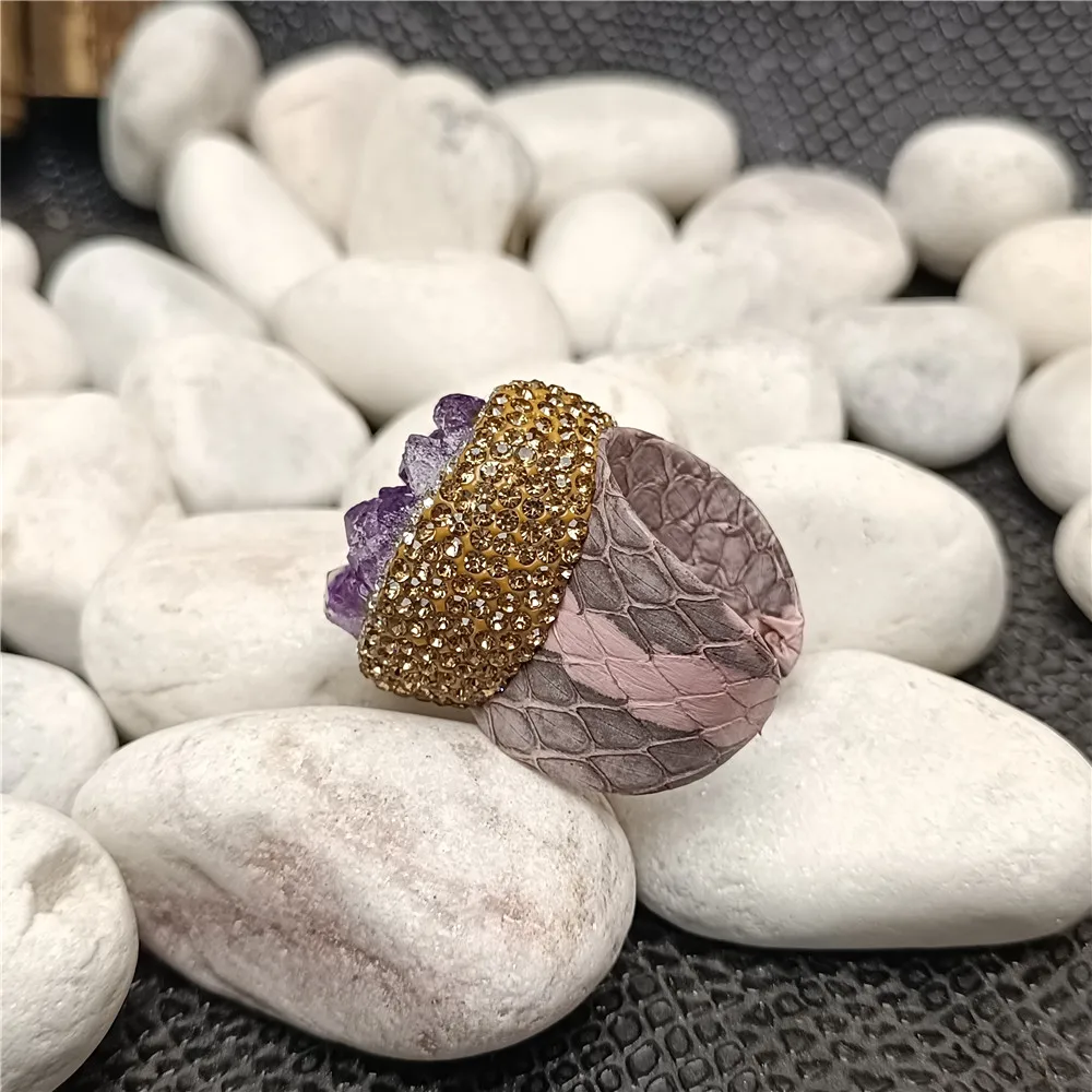 Natural Amethyst Surrounded Rhinestone Leather Ring Ladies Personality European and American Exaggerated Trend Jewelry