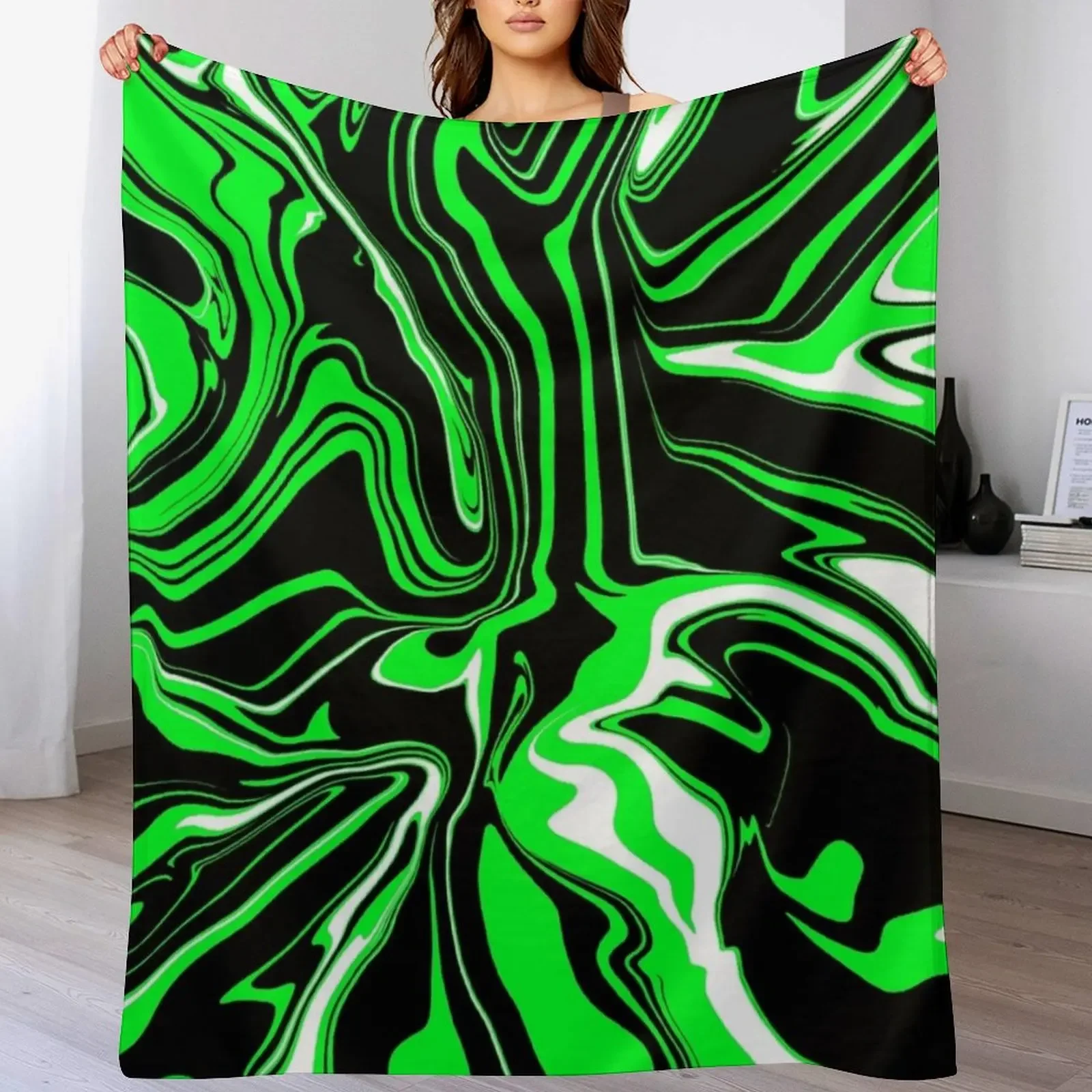 

Lime Green, Black and White Abstract Melt Throw Blanket Luxury Designer Kid'S Plaid Blankets