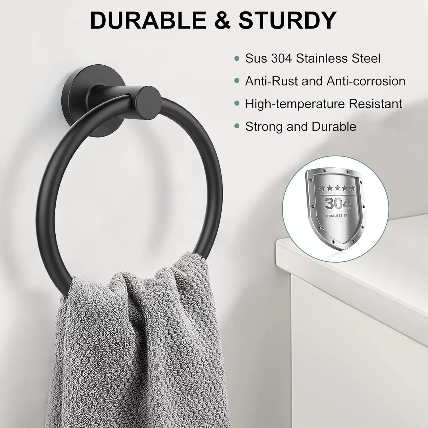 Towel Holder for Bathroom Wall Matte Black Towel Ring 304 Stainless Steel Hand Towel Holder Heavy Duty Towel Hanger for Bath