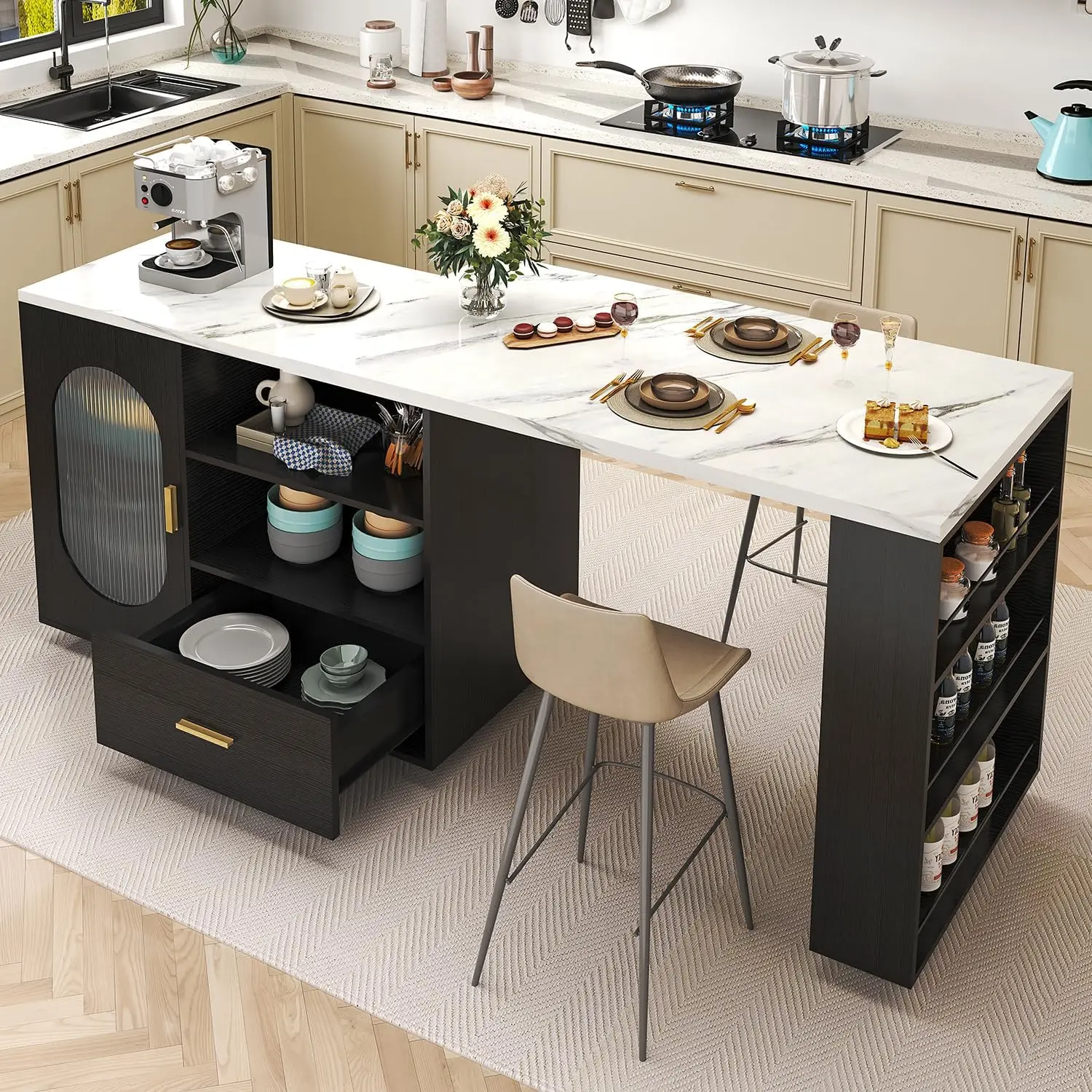 Kitchen Island with Storage, Mobile Kitchen Island Cart with Cabinet, Drawer & Shelves, Farmhouse Island Table on Wheels with
